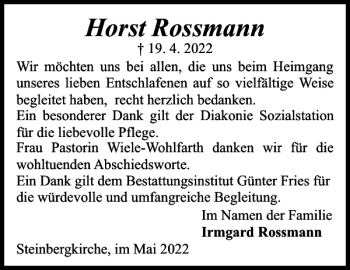 Traueranzeige von Horst Rossmann von Flensburger Tageblatt