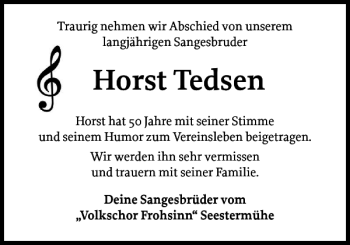 Traueranzeige von Horst Tedsen von Elmshorner Nachrichten