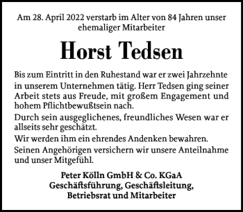 Traueranzeige von Horst Tedsen von Elmshorner Nachrichten