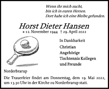 Traueranzeige von Horst Dieter Hansen von Schleswiger Nachrichten