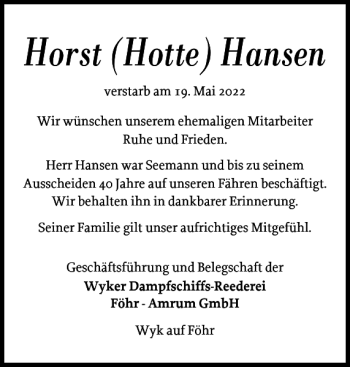 Traueranzeige von Horst Hotte Hansen von Nordfriesland Tageblatt