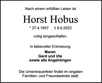 Traueranzeige von Horst Hobus von Holsteinischer Courier