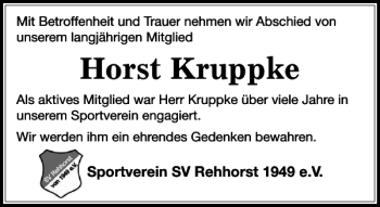 Traueranzeige von Horst Kruppke von Stormarner Tageblatt