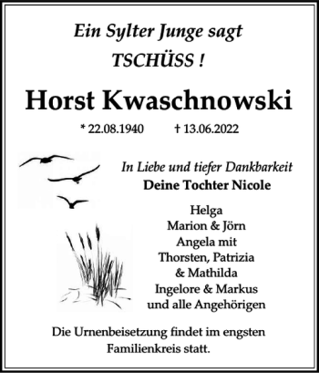 Traueranzeige von Horst Kwaschnowski von Sylter Rundschau