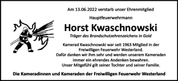 Traueranzeige von Horst Kwaschnowski von Sylter Rundschau