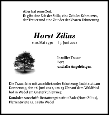 Traueranzeige von Horst Zilius von Wedel-Schulauer Tageblatt