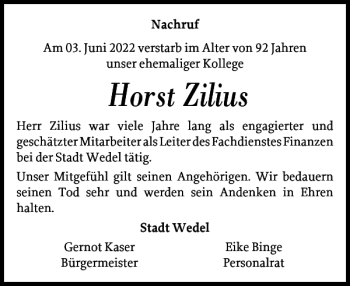 Traueranzeige von Horst Zilius von Wedel-Schulauer Tageblatt