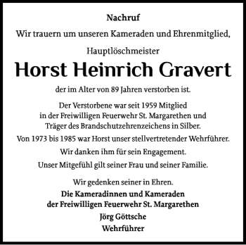 Traueranzeige von Horst Heinrich Gravert von Norddeutsche Rundschau