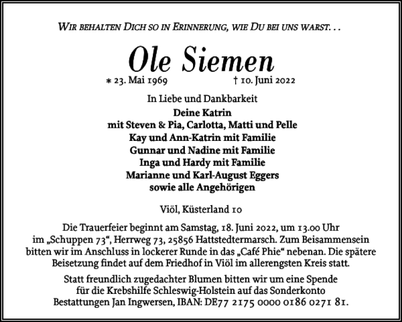  Traueranzeige für Ole Siemen vom 14.06.2022 aus Husumer Nachrichten