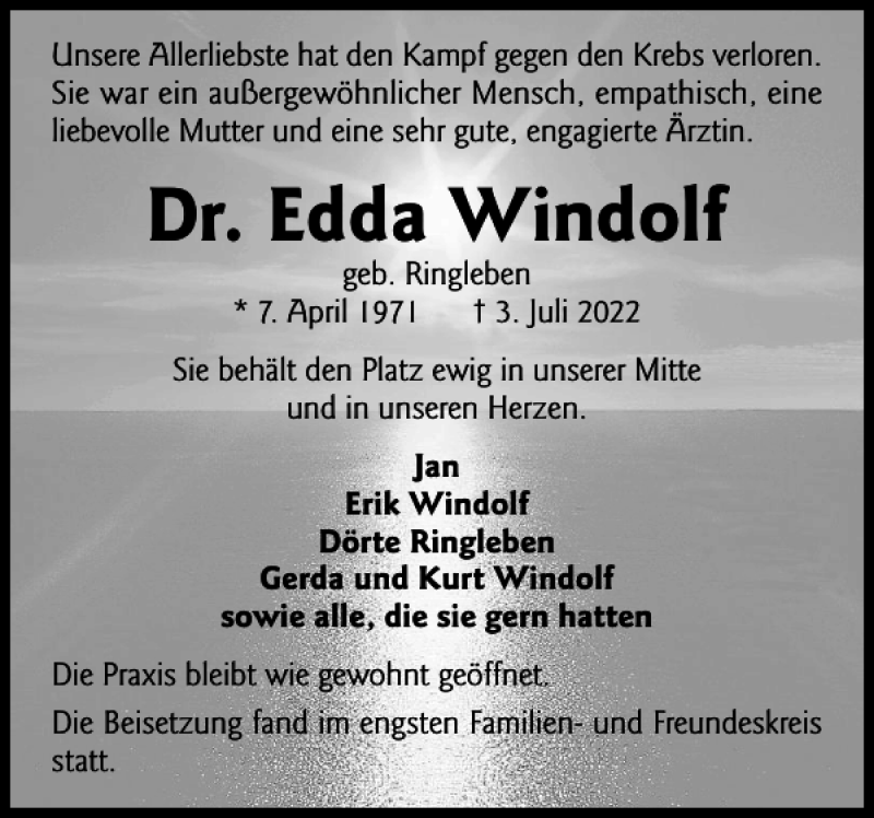  Traueranzeige für Dr. Edda Windolf vom 21.07.2022 aus Sylter Rundschau