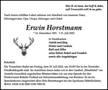 Traueranzeige von Erwin Horstmann von Landeszeitung