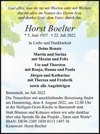 Traueranzeige von Horst Boelter von Elmshorner Nachrichten