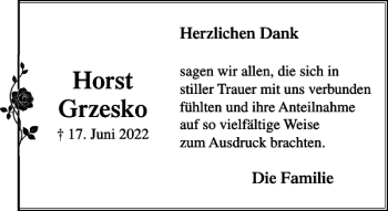 Traueranzeige von Horst Grzesko von Stormarner Tageblatt