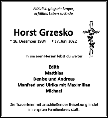 Traueranzeige von Horst Grzesko von Stormarner Tageblatt