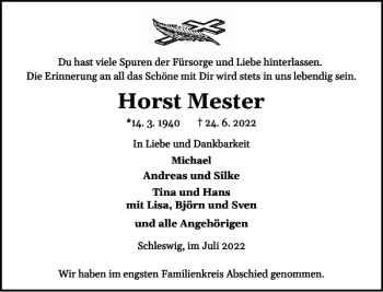 Traueranzeige von Horst Mester von Schleswiger Nachrichten