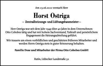 Traueranzeige von Horst Ostriga von Ostholsteiner Anzeiger