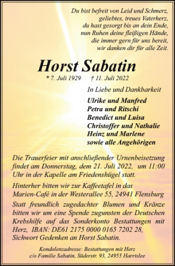 Traueranzeige von Horst Sabatin von Flensburger Tageblatt