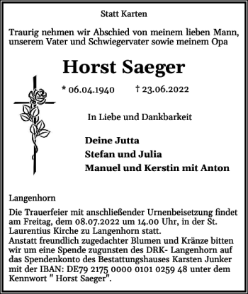 Traueranzeige von Horst Saeger von Husumer Nachrichten