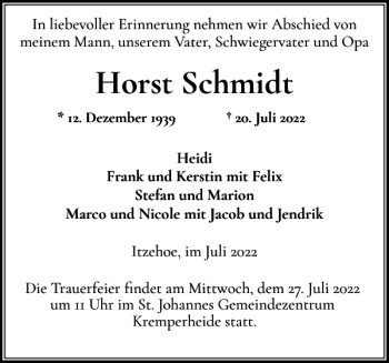 Traueranzeige von Horst Schmidt von Norddeutsche Rundschau