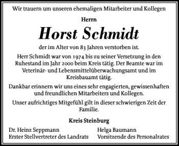 Traueranzeige von Horst Schmidt von Norddeutsche Rundschau