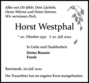 Traueranzeige von Horst Westphal von Elmshorner Nachrichten