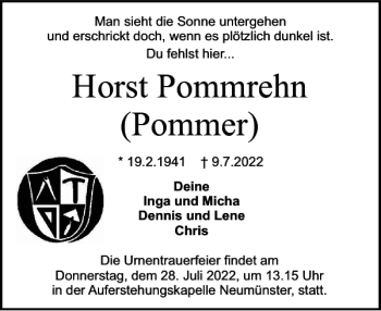 Traueranzeige von Horst Pommrehn Pommer von Holsteinischer Courier