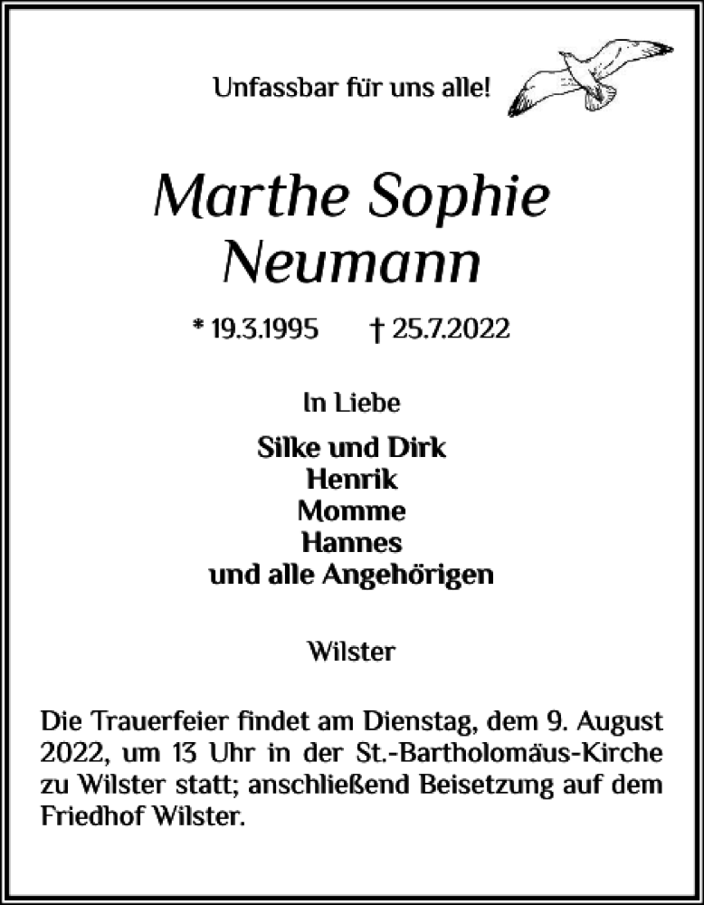  Traueranzeige für Marthe Sophie Neumann vom 30.07.2022 aus Norddeutsche Rundschau