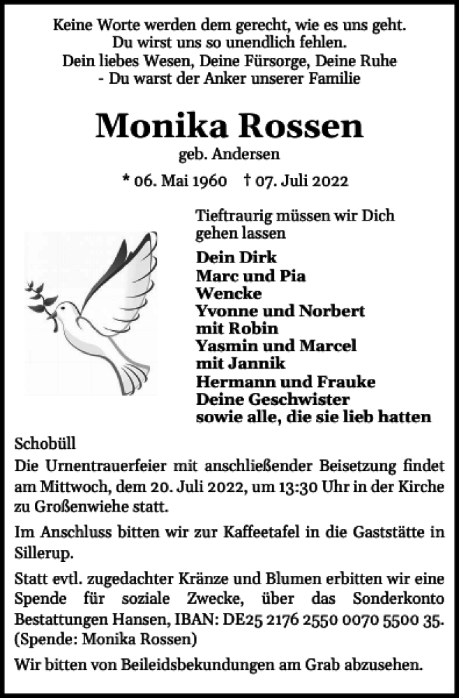  Traueranzeige für Monika Rossen vom 13.07.2022 aus Flensburger Tageblatt