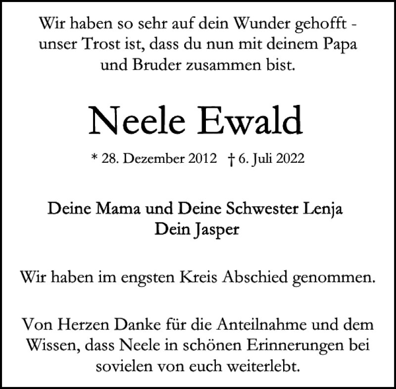  Traueranzeige für Neele Ewald vom 23.07.2022 aus Stormarner Tageblatt
