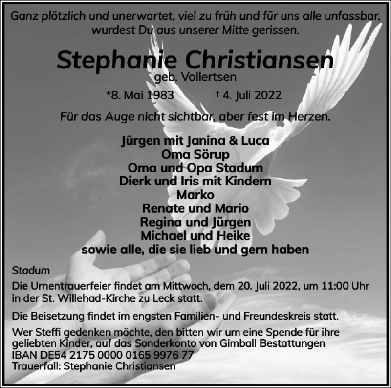  Traueranzeige für Stephanie Christiansen vom 08.07.2022 aus Flensburger Tageblatt