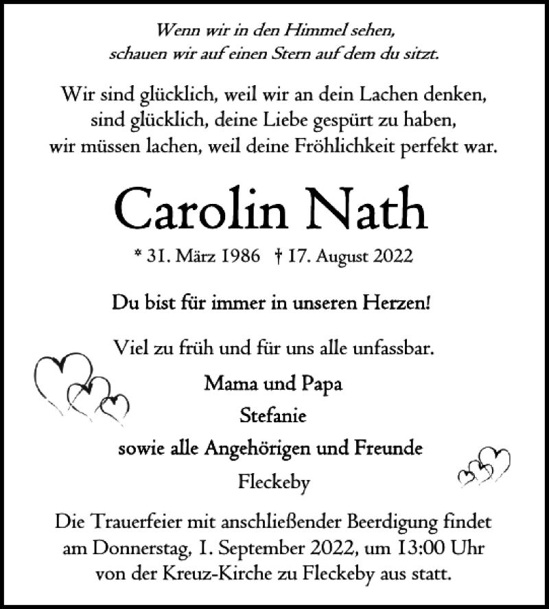  Traueranzeige für Carolin Nath vom 27.08.2022 aus Eckernförder Zeitung