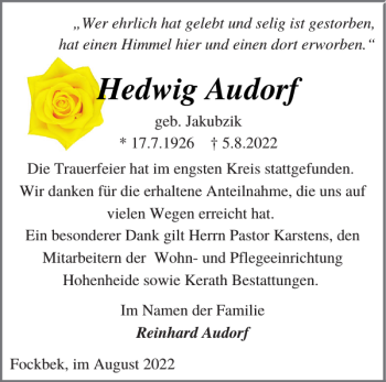 Traueranzeige von Hedwig Audorf von Landeszeitung