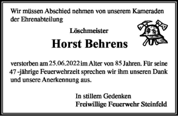 Traueranzeige von Horst Behrens von Stormarner Tageblatt