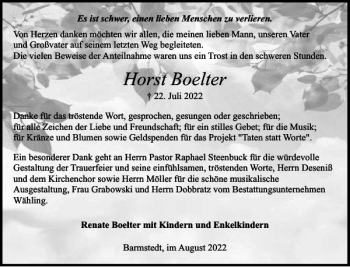 Traueranzeige von Horst Boelter von Elmshorner Nachrichten