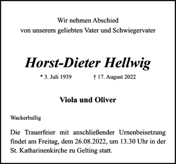 Traueranzeige von Horst-Dieter Hellwig von Flensburger Tageblatt