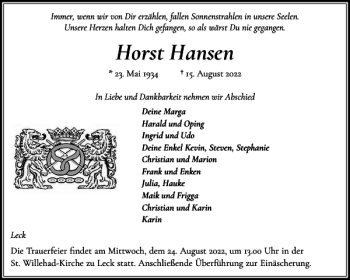 Traueranzeige von Horst Hansen von Nordfriesland Tageblatt