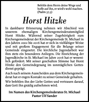 Traueranzeige von Horst Hitzke von Flensburger Tageblatt