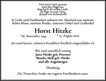 Traueranzeige von Horst Hitzke von Flensburger Tageblatt
