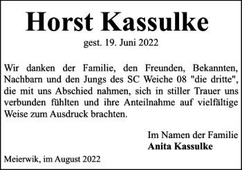 Traueranzeige von Horst Kassulke von Flensburger Tageblatt