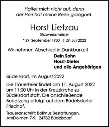 Traueranzeige von Horst Lietzau von Landeszeitung
