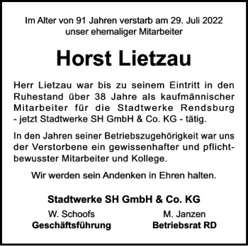 Traueranzeige von Horst Lietzau von Landeszeitung