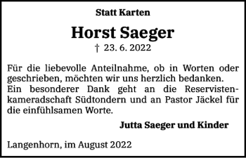 Traueranzeige von Horst Saeger von Husumer Nachrichten