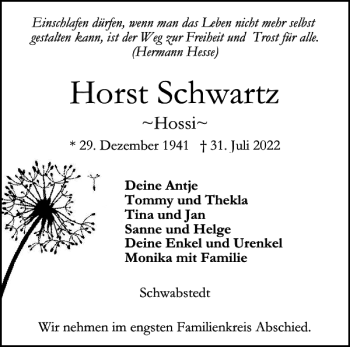 Traueranzeige von Horst Schwartz von Husumer Nachrichten