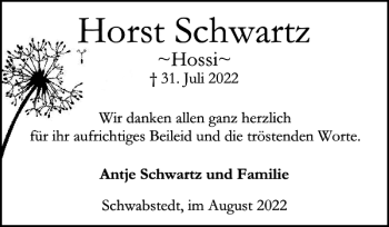 Traueranzeige von Horst Schwartz von Husumer Nachrichten