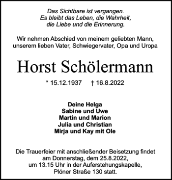 Traueranzeige von Horst Schölermann von Holsteinischer Courier