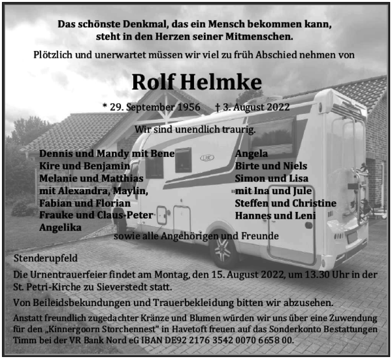  Traueranzeige für Rolf Helmke vom 09.08.2022 aus Flensburger Tageblatt