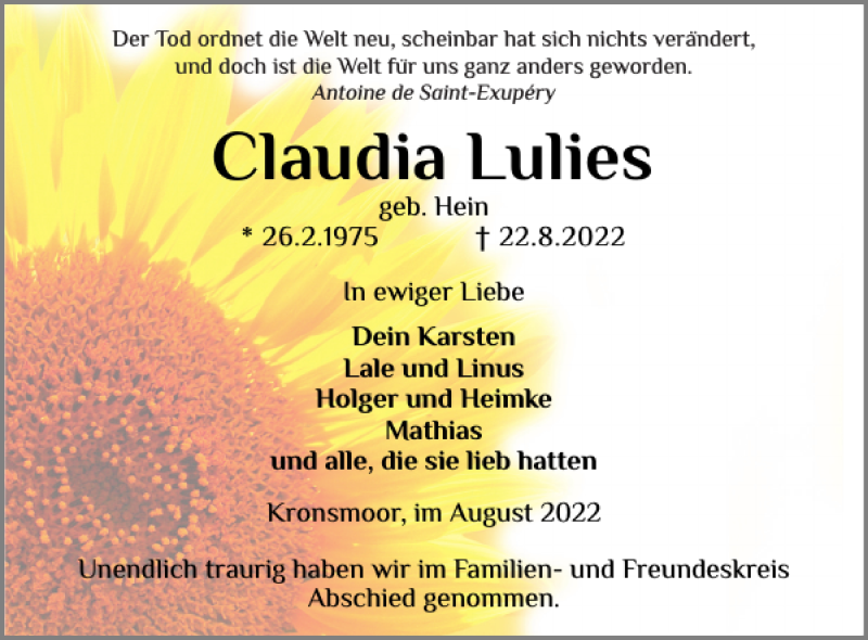  Traueranzeige für Claudia Lulies vom 03.09.2022 aus Norddeutsche Rundschau