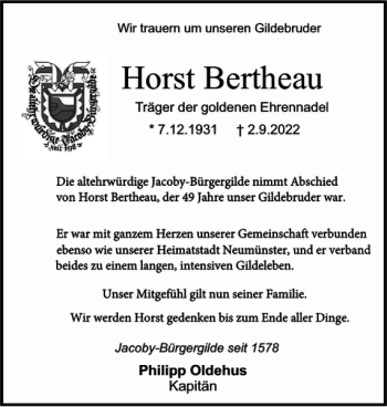 Traueranzeige von Horst Bertheau von Holsteinischer Courier