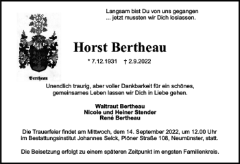 Traueranzeige von Horst Bertheau von Holsteinischer Courier