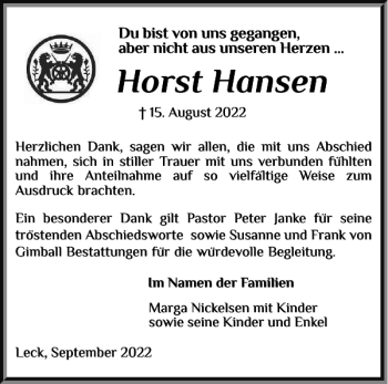 Traueranzeige von Horst Hansen von Nordfriesland Tageblatt